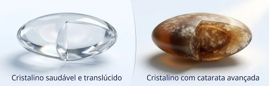 Comparação entre cristalino saudável transparente e cristalino com catarata avançada opaco