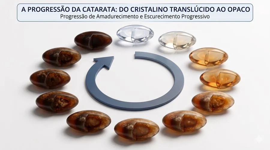 Progressão visual da catarata do cristalino transparente ao opaco brunescente em estágios avançados